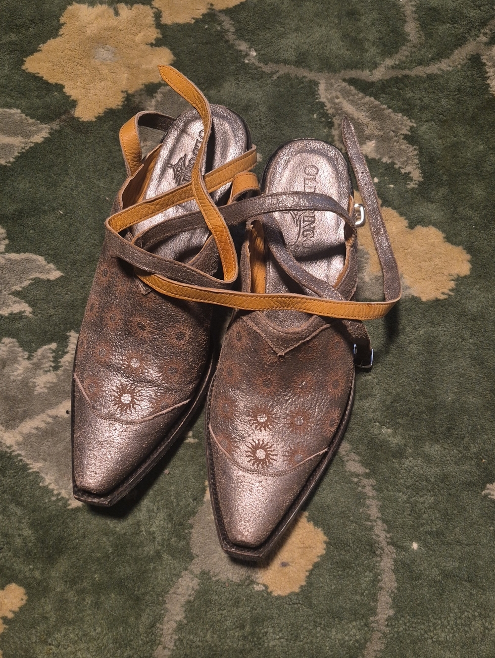 Old Gringo Metallic Bronze Pointed-Toe Slingback Flats with Tan Straps